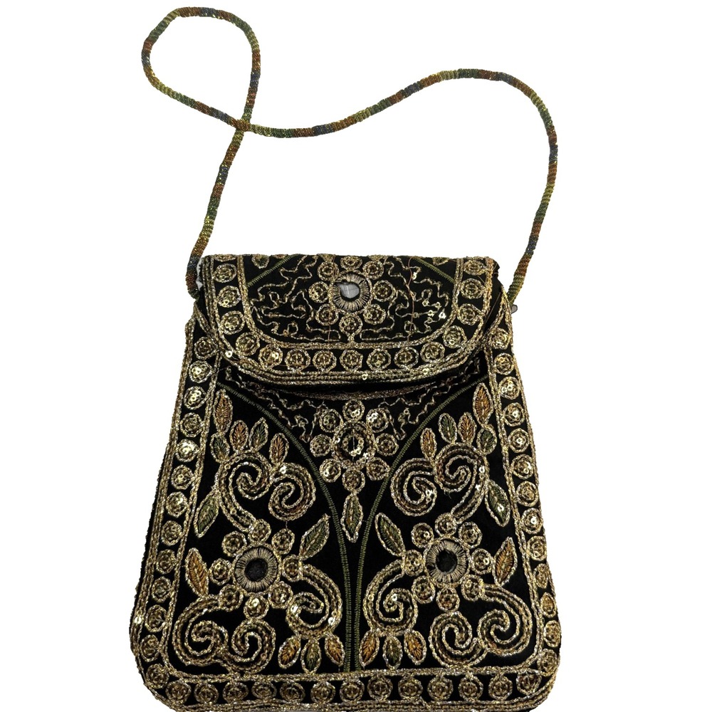 Vintage Indian Zardozi Embroidered Evening Bag Women Blk Gold Sequin Mirrors